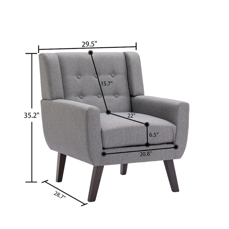 Linen Button Tufted Armchair with Solid Wood Legs, Grey or Blue