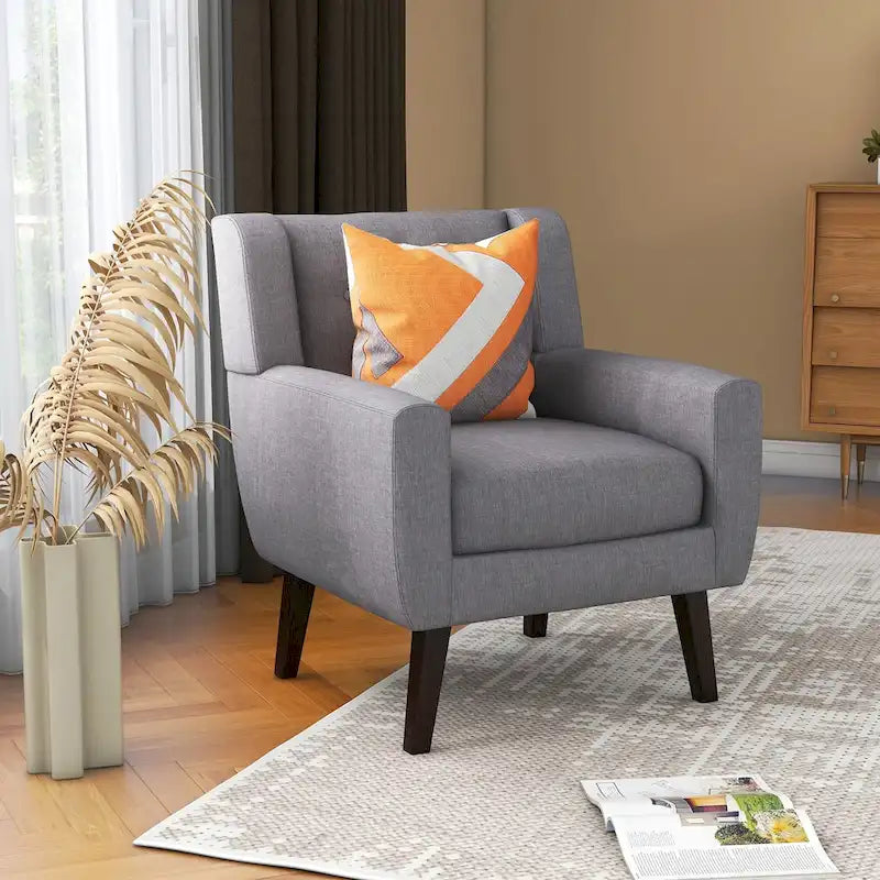 Linen Button Tufted Armchair with Solid Wood Legs, Grey or Blue