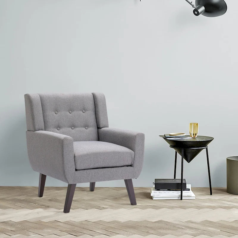 Linen Button Tufted Armchair with Solid Wood Legs, Grey or Blue