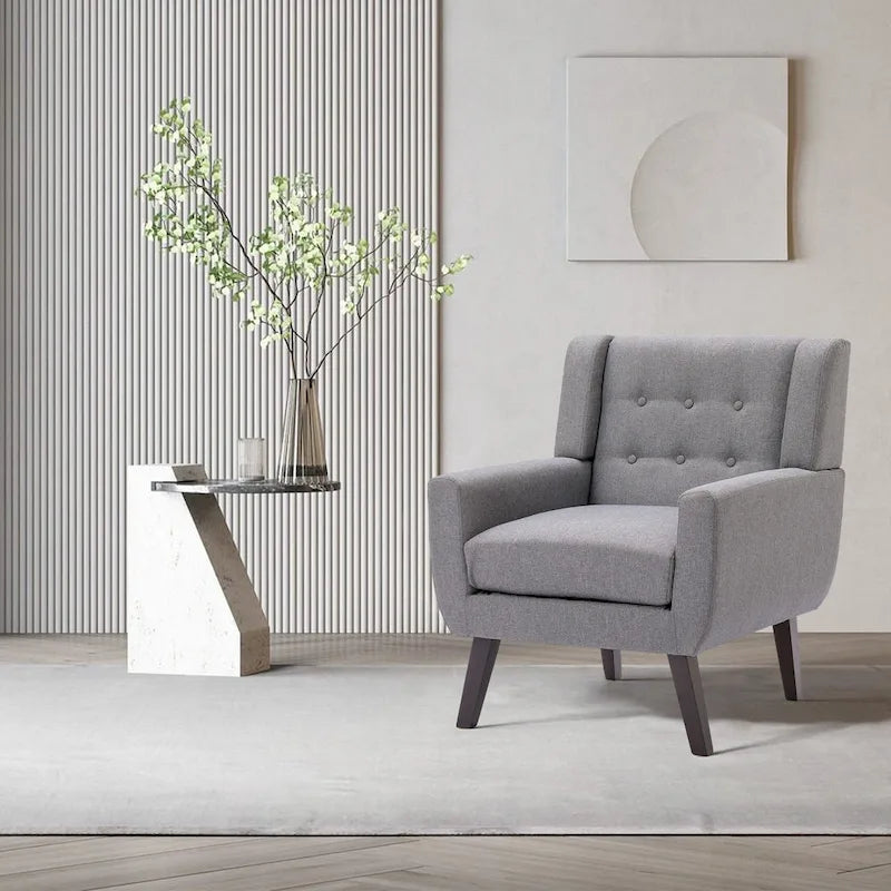 Linen Button Tufted Armchair with Solid Wood Legs, Grey or Blue