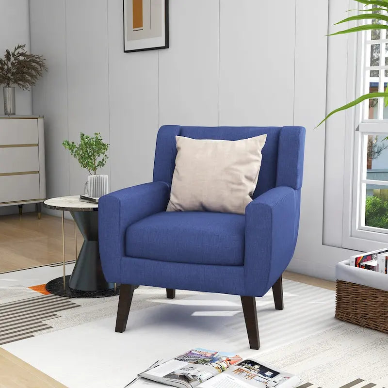 Linen Button Tufted Armchair with Solid Wood Legs, Grey or Blue