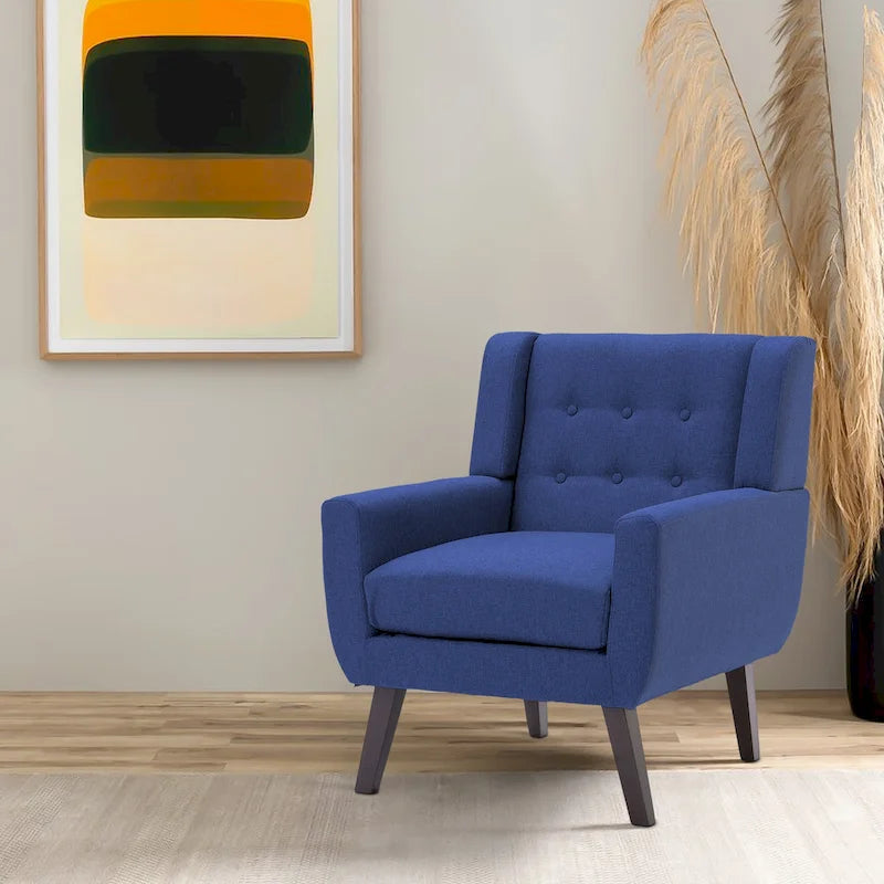 Linen Button Tufted Armchair with Solid Wood Legs, Grey or Blue