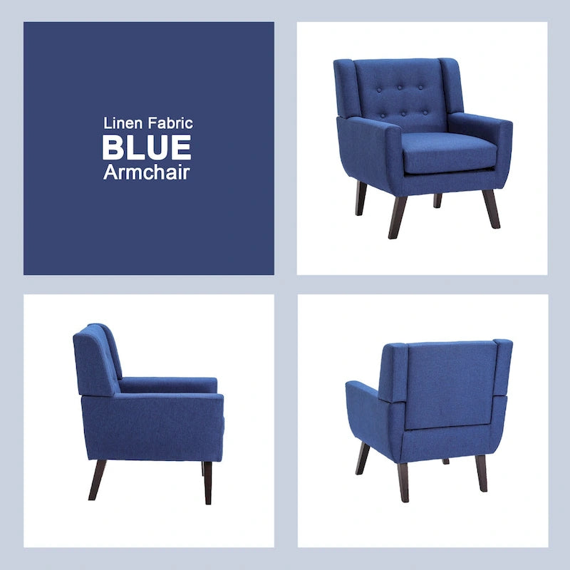 Linen Button Tufted Armchair with Solid Wood Legs, Grey or Blue