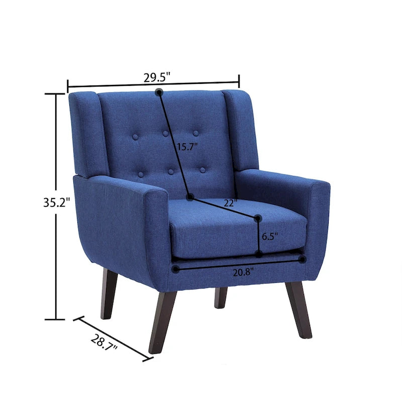 Linen Button Tufted Armchair with Solid Wood Legs, Grey or Blue