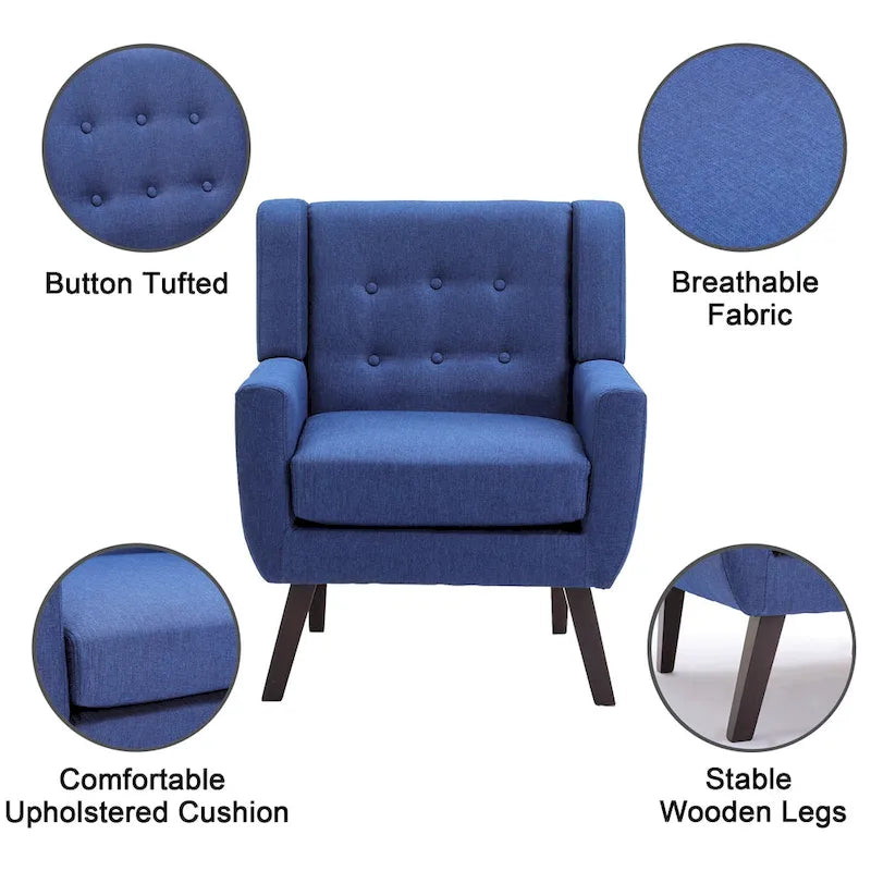 Linen Button Tufted Armchair with Solid Wood Legs, Grey or Blue