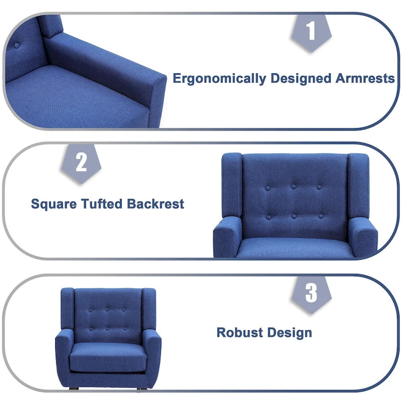 Linen Button Tufted Armchair with Solid Wood Legs, Grey or Blue