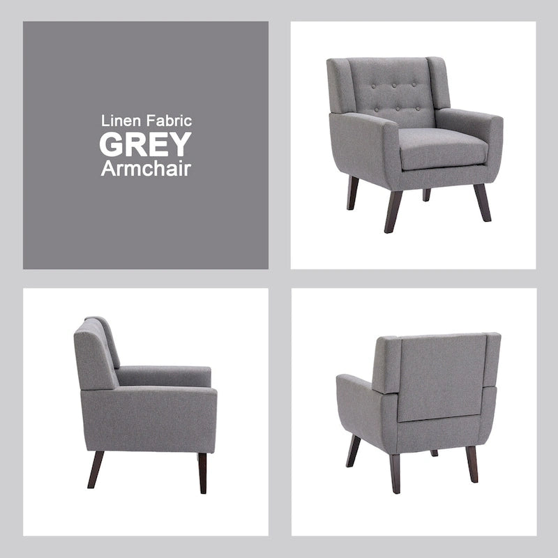 Linen Button Tufted Armchair with Solid Wood Legs, Grey or Blue