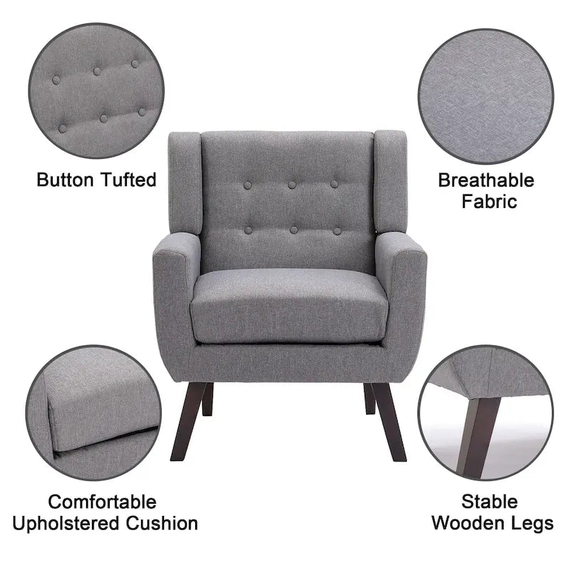 Linen Button Tufted Armchair with Solid Wood Legs, Grey or Blue