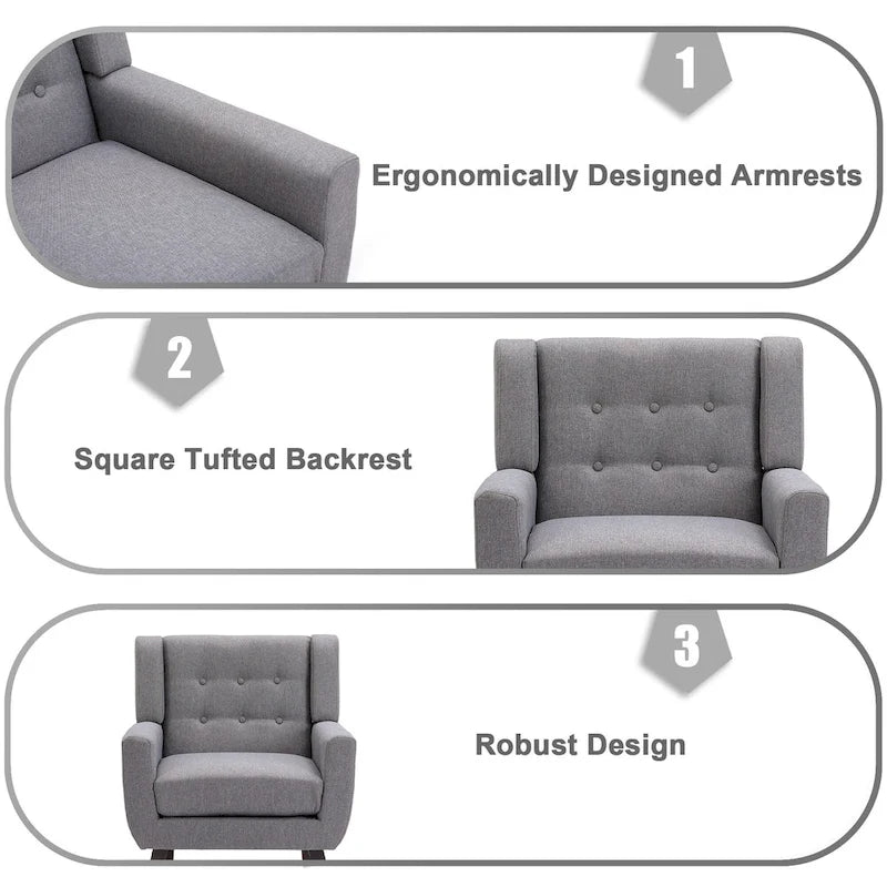 Linen Button Tufted Armchair with Solid Wood Legs, Grey or Blue
