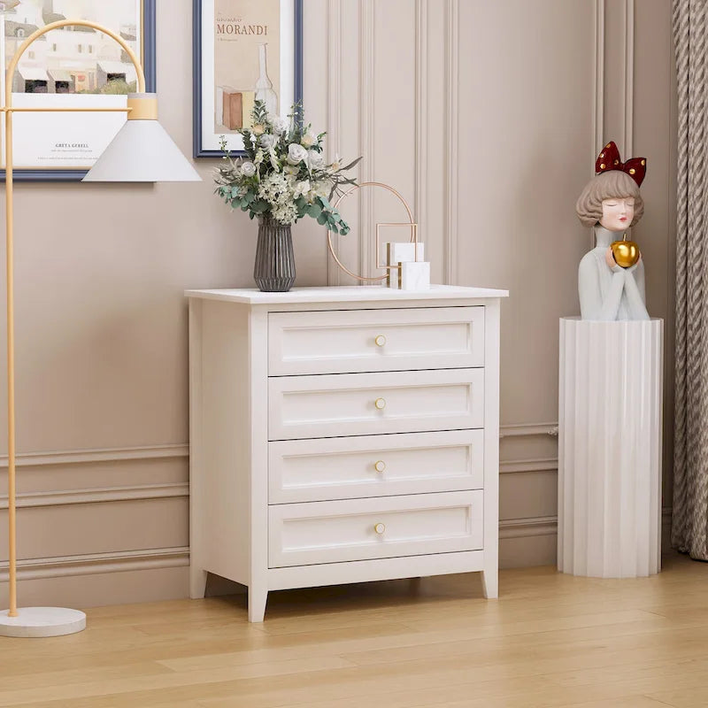 Solid Wood Spray-Painted Drawer Cabinet with Retro Round Handle, White