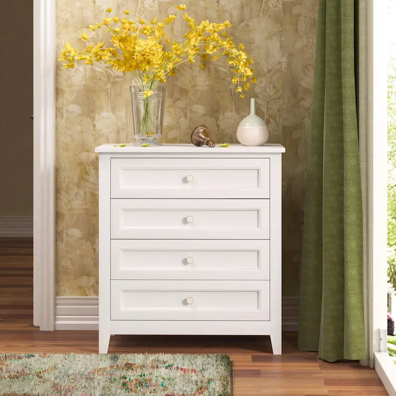 Solid Wood Spray-Painted Drawer Cabinet with Retro Round Handle, White