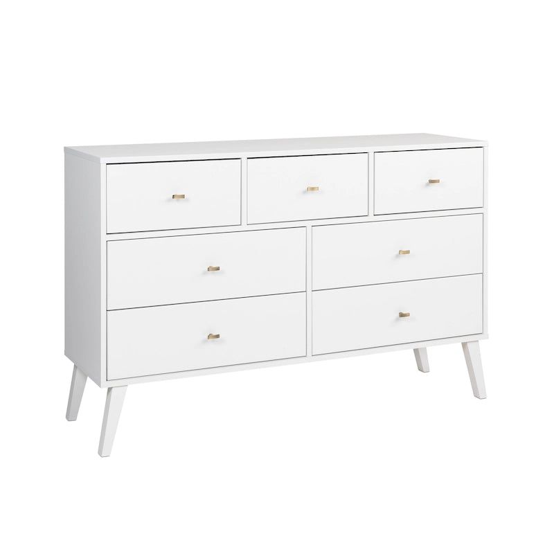 Mid-Century Modern 7-Drawer Dresser with Brass Knobs and Wood Legs, Multiple Colors