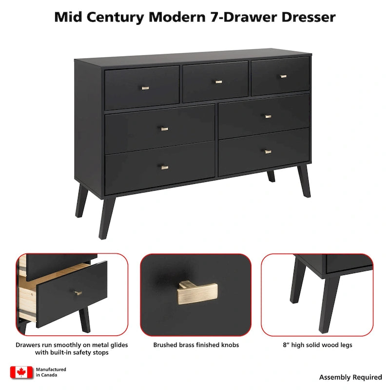 Mid-Century Modern 7-Drawer Dresser with Brass Knobs and Wood Legs, Multiple Colors