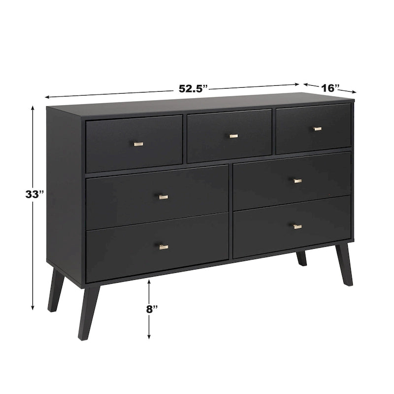 Mid-Century Modern 7-Drawer Dresser with Brass Knobs and Wood Legs, Multiple Colors