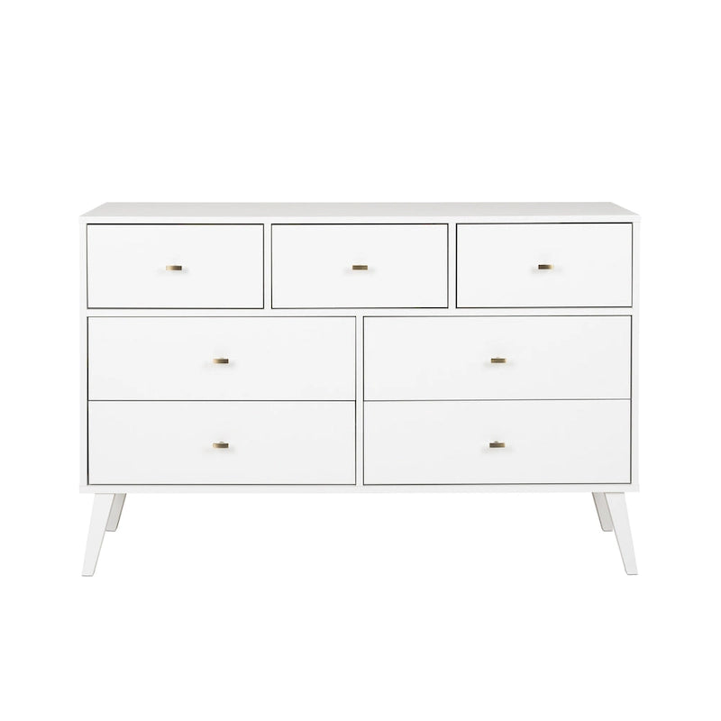 Mid-Century Modern 7-Drawer Dresser with Brass Knobs and Wood Legs, Multiple Colors