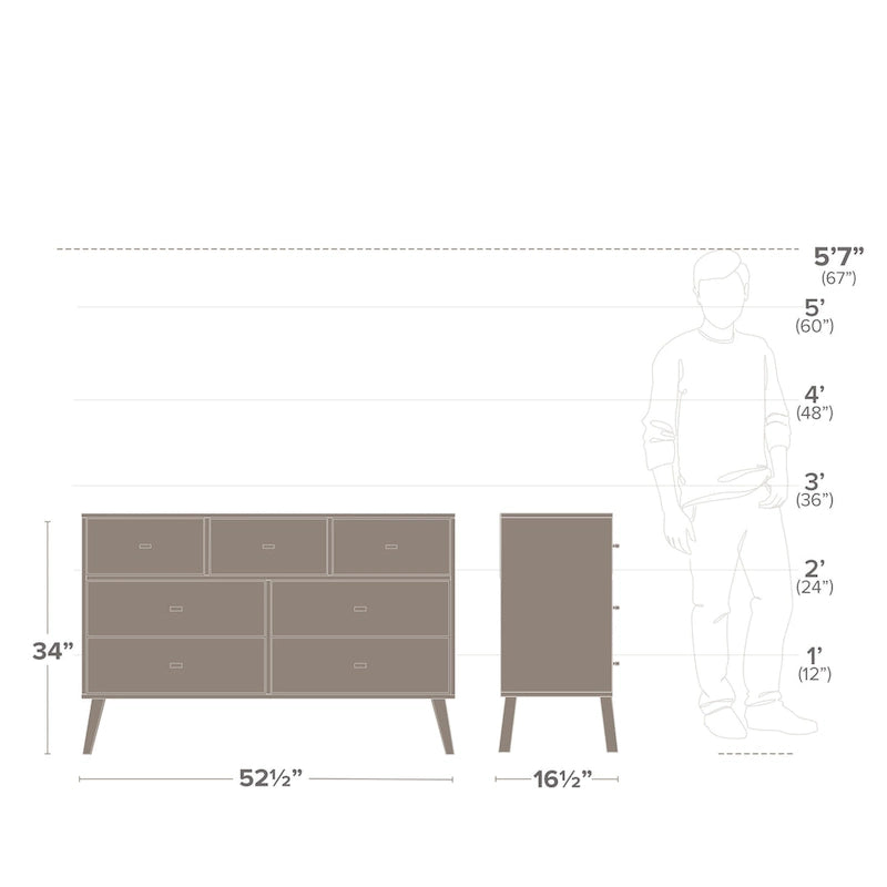 Mid-Century Modern 7-Drawer Dresser with Brass Knobs and Wood Legs, Multiple Colors