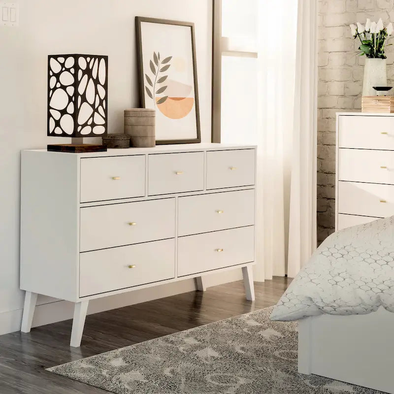 Mid-Century Modern 7-Drawer Dresser with Brass Knobs and Wood Legs, Multiple Colors