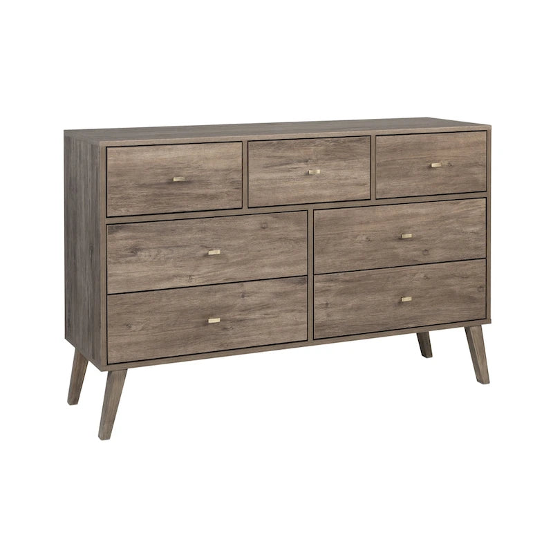 Mid-Century Modern 7-Drawer Dresser with Brass Knobs and Wood Legs, Multiple Colors