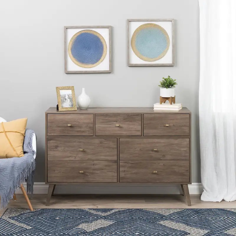 Mid-Century Modern 7-Drawer Dresser with Brass Knobs and Wood Legs, Multiple Colors