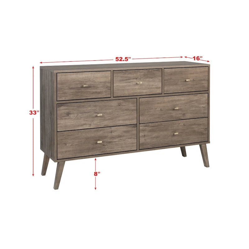 Mid-Century Modern 7-Drawer Dresser with Brass Knobs and Wood Legs, Multiple Colors