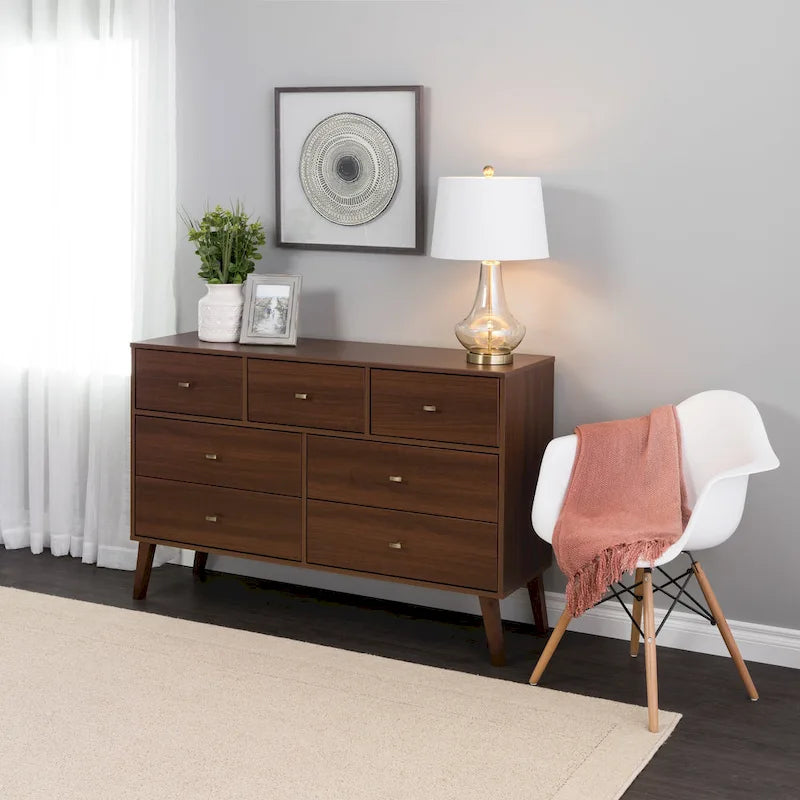 Mid-Century Modern 7-Drawer Dresser with Brass Knobs and Wood Legs, Multiple Colors