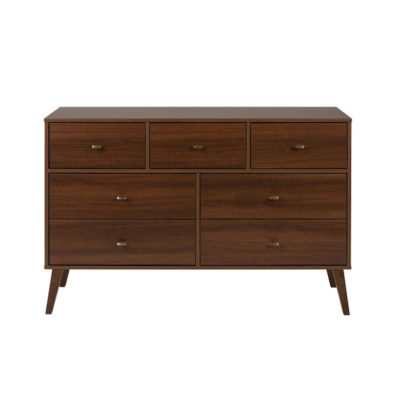 Mid-Century Modern 7-Drawer Dresser with Brass Knobs and Wood Legs, Multiple Colors