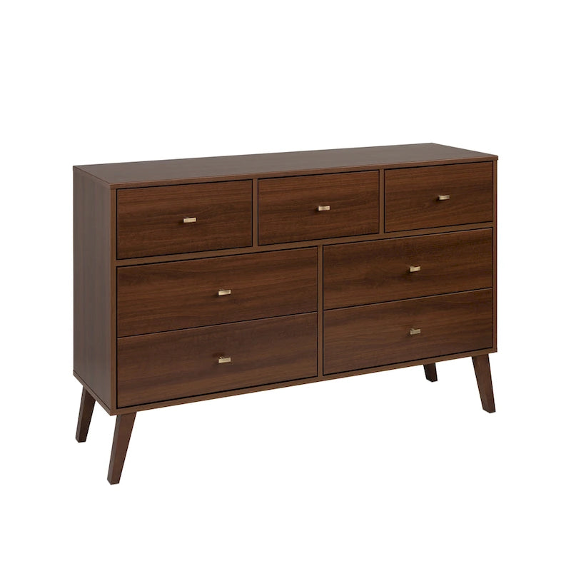 Mid-Century Modern 7-Drawer Dresser with Brass Knobs and Wood Legs, Multiple Colors