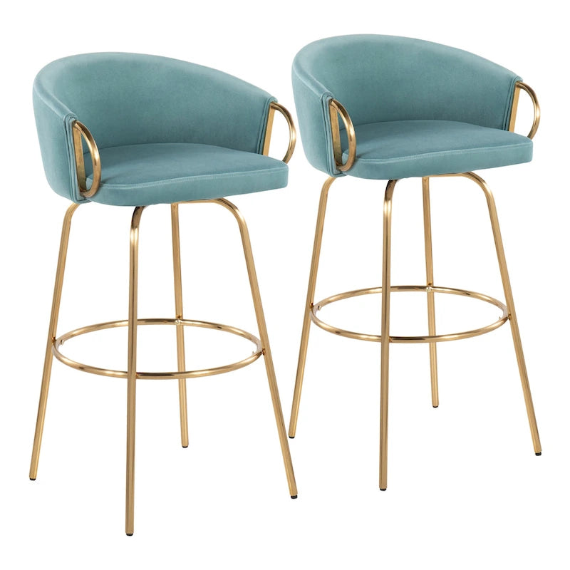 30-Inch Fixed-Height Swivel Bar Stool with Velvet Seat and Gold Frame, Set of 2