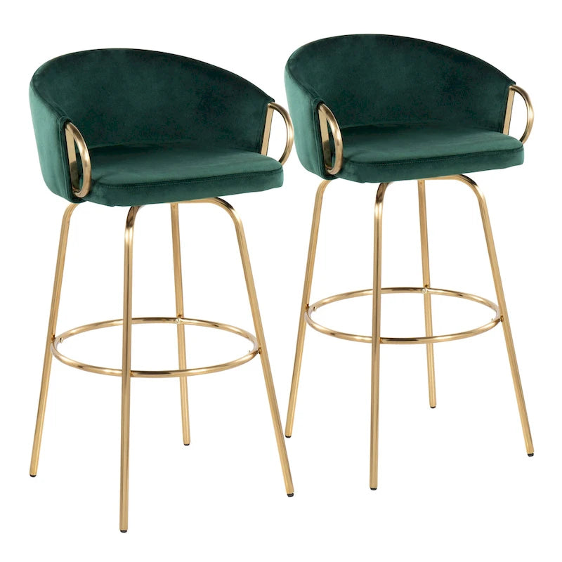 30-Inch Fixed-Height Swivel Bar Stool with Velvet Seat and Gold Frame, Set of 2