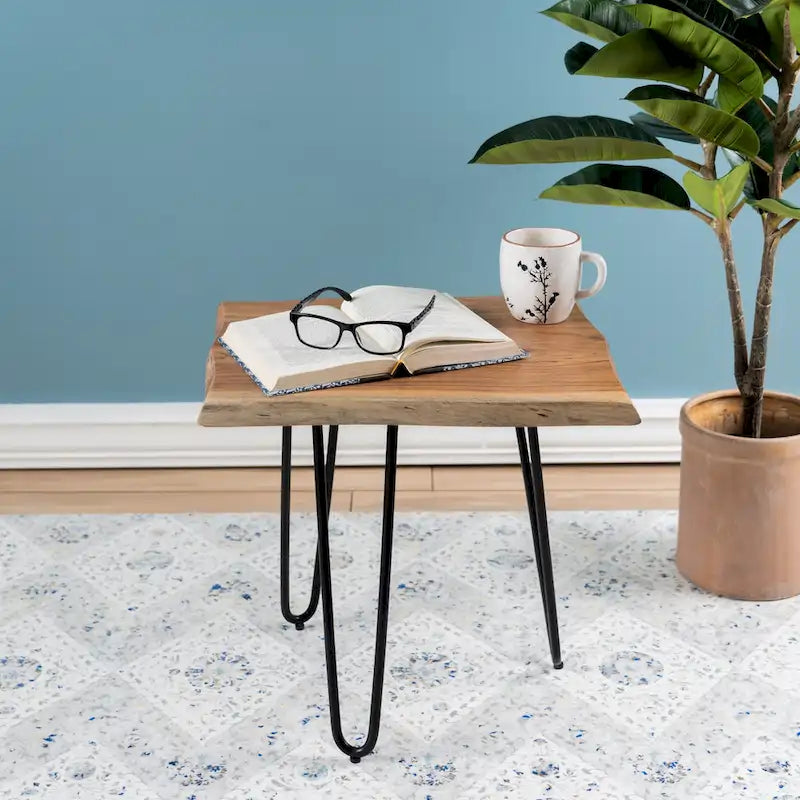 Rustic Iron and Wood Stool with Natural Wooden Seat, 17 Inches