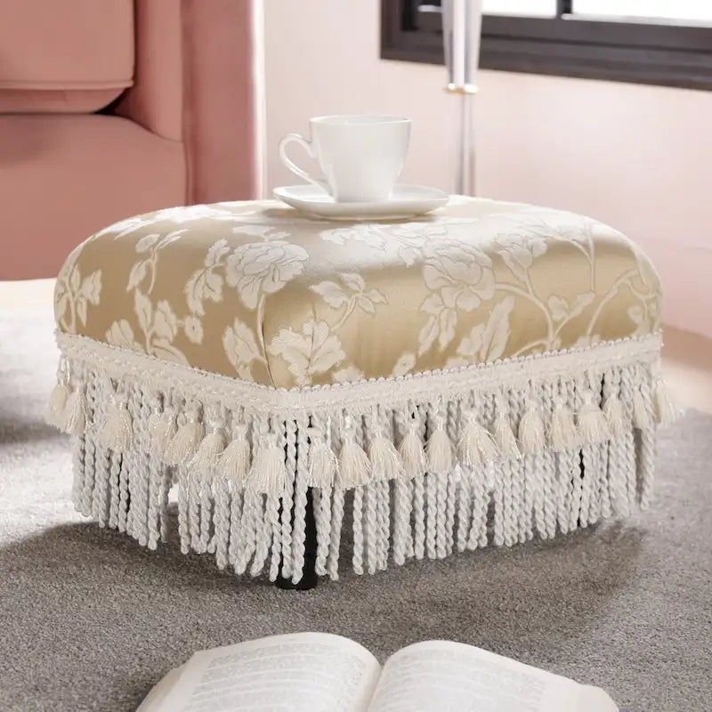 Small Woven Fabric Footstool Ottoman, 17 x 13 x 10.5 Inches