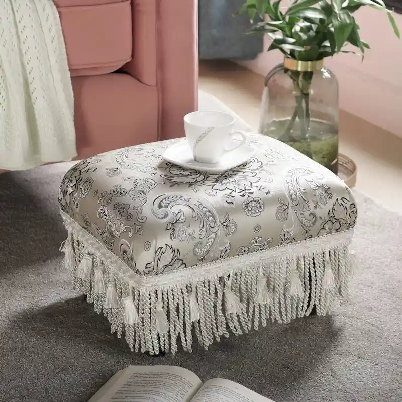 Small Woven Fabric Footstool Ottoman, 17 x 13 x 10.5 Inches