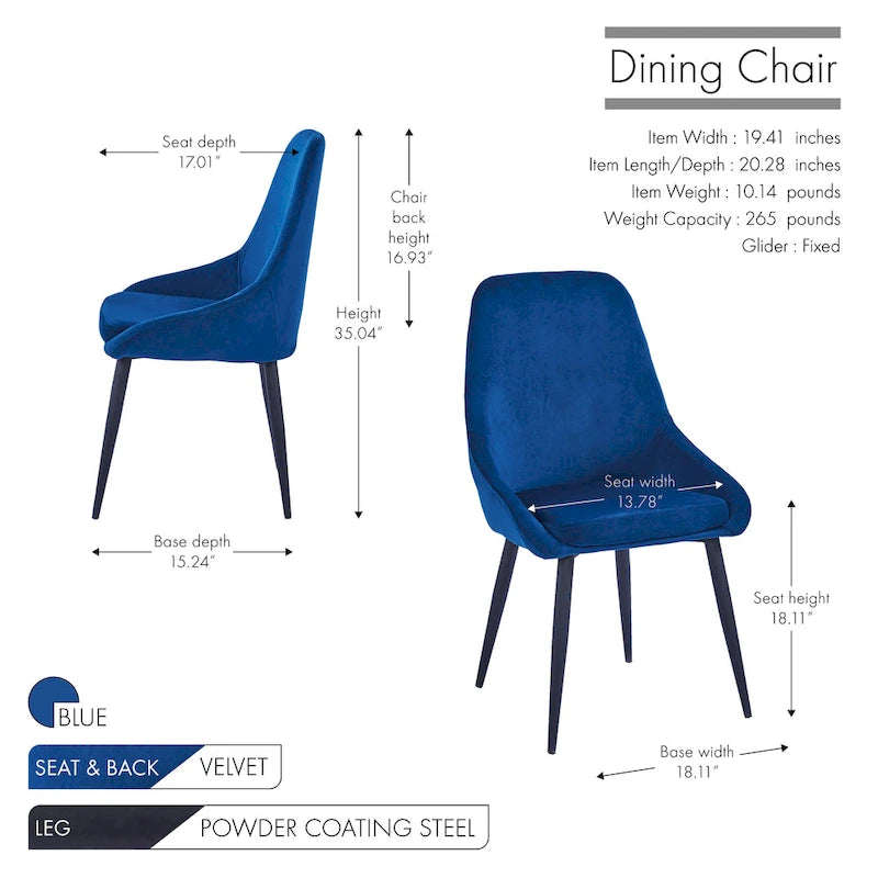 Velvet Upholstered Dining Chair with Steel Legs, Set of 2