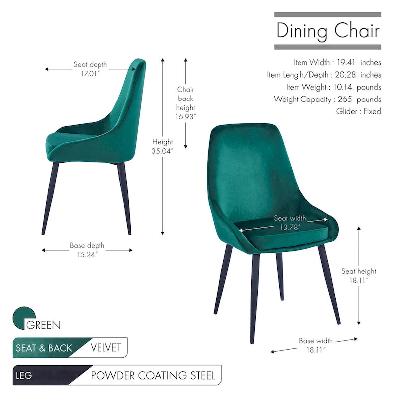 Velvet Upholstered Dining Chair with Steel Legs, Set of 2