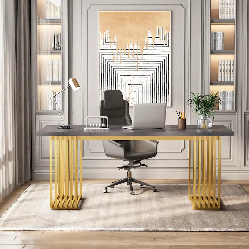 70.9-Inch Modern Executive Desk with Gold Metal Frame, Multiple Colors