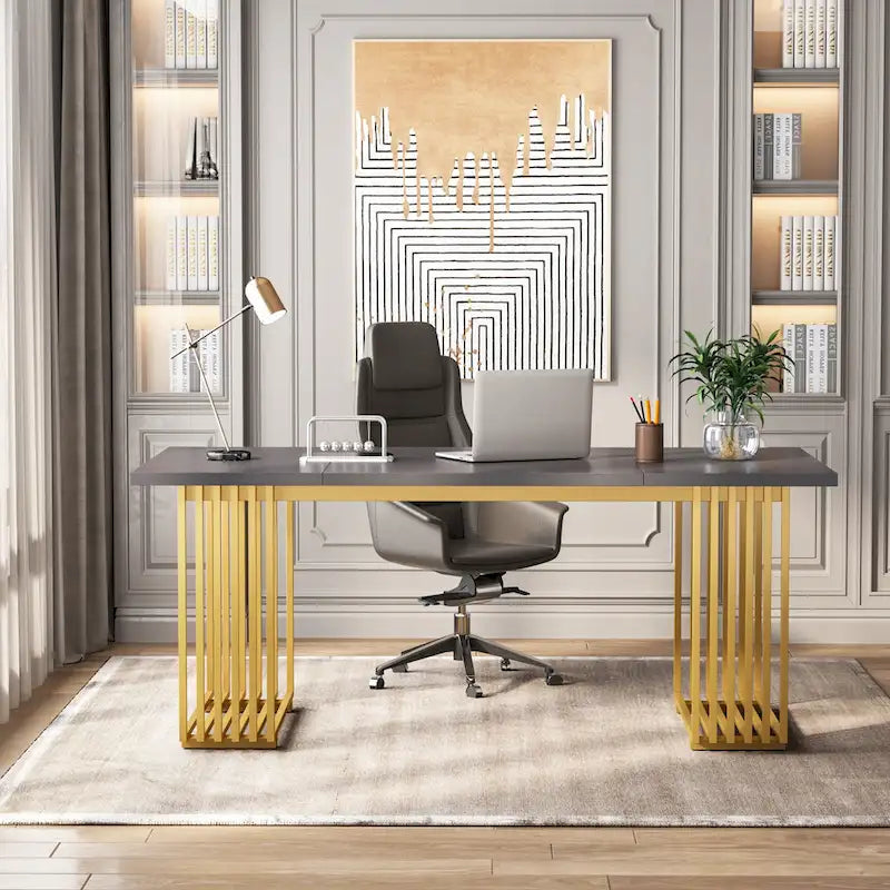 70.9-Inch Modern Executive Desk with Gold Metal Frame, Multiple Colors