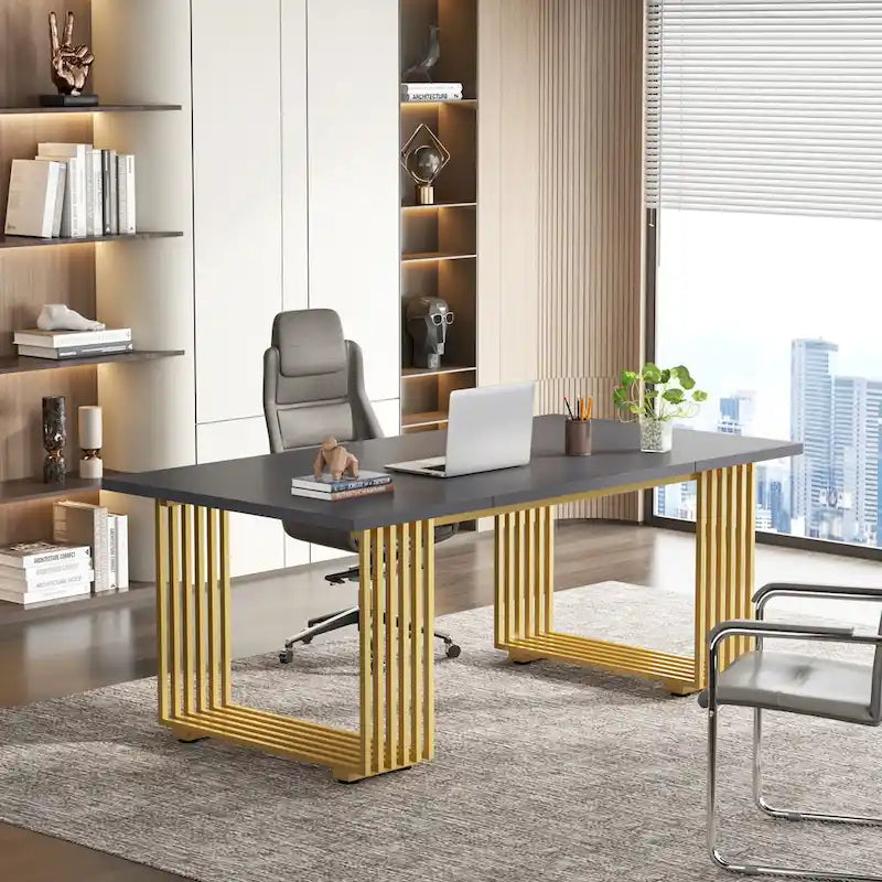 70.9-Inch Modern Executive Desk with Gold Metal Frame, Multiple Colors