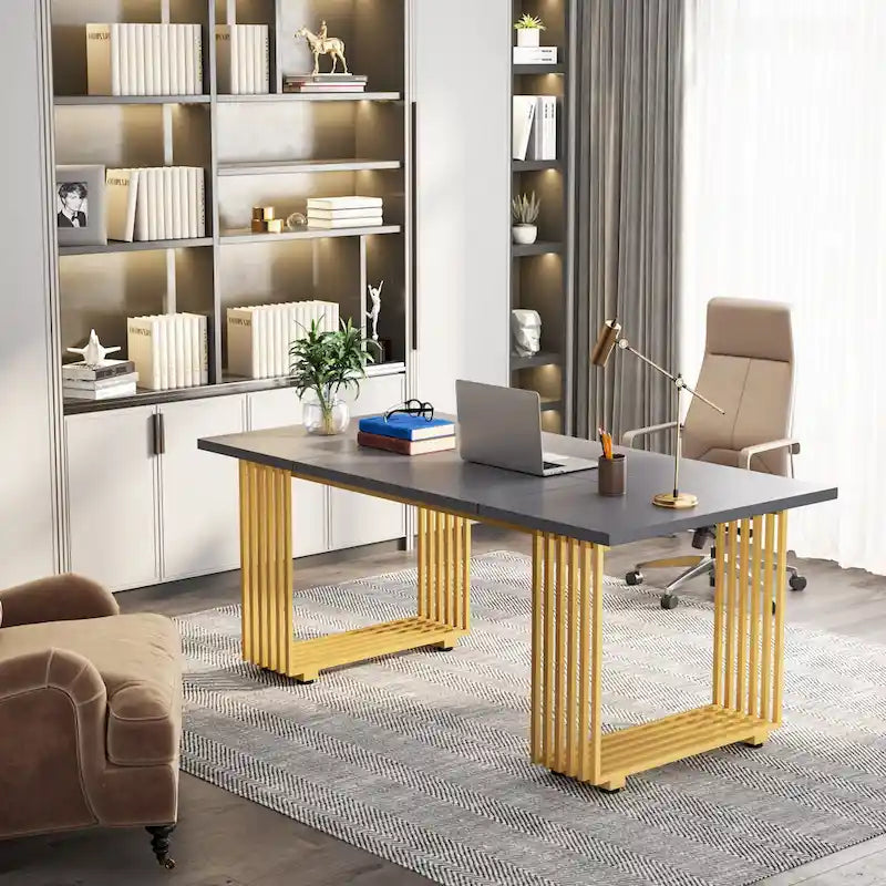 70.9-Inch Modern Executive Desk with Gold Metal Frame, Multiple Colors