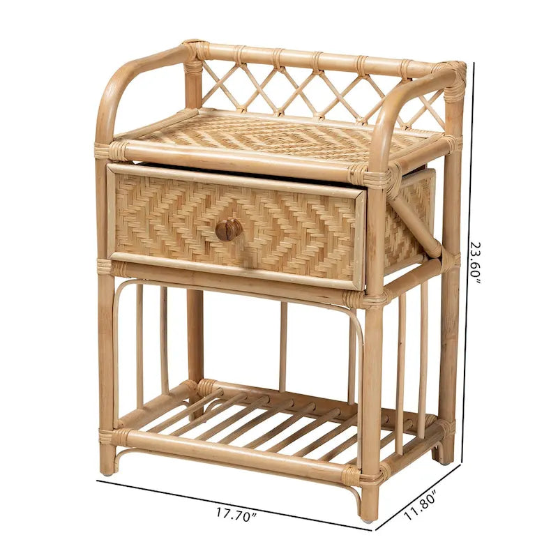Natural Rattan 1-Drawer Nightstand, Bohemian Style