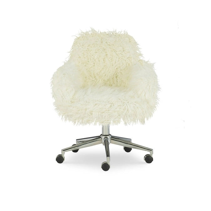 Off-White Faux Fur Office Chair with Chrome Base and Adjustable Height