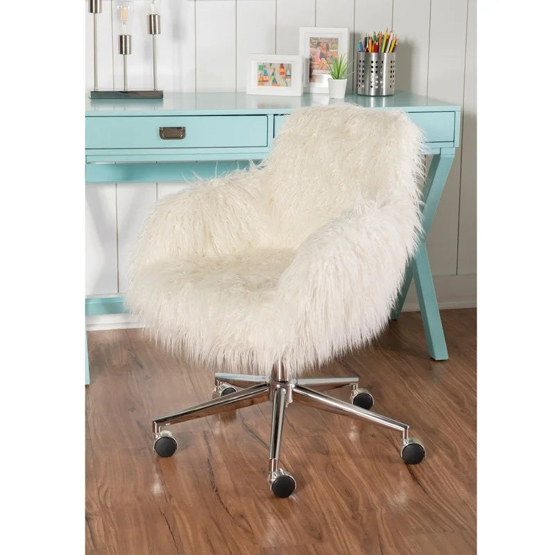 Off-White Faux Fur Office Chair with Chrome Base and Adjustable Height