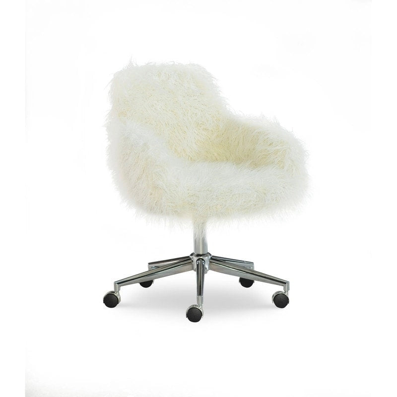 Off-White Faux Fur Office Chair with Chrome Base and Adjustable Height