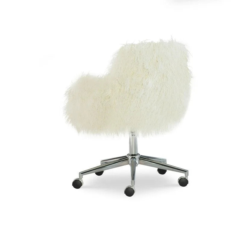Off-White Faux Fur Office Chair with Chrome Base and Adjustable Height