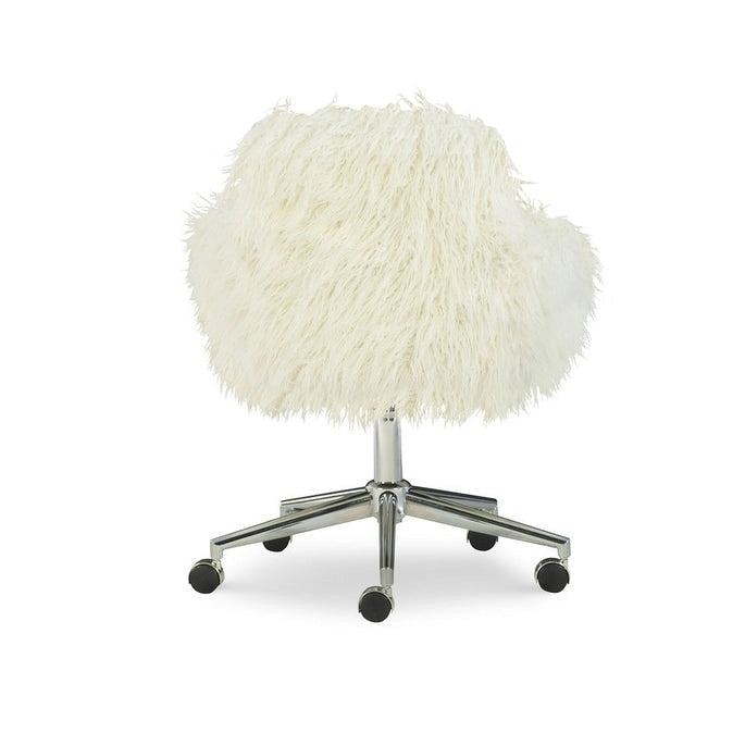 Off-White Faux Fur Office Chair with Chrome Base and Adjustable Height