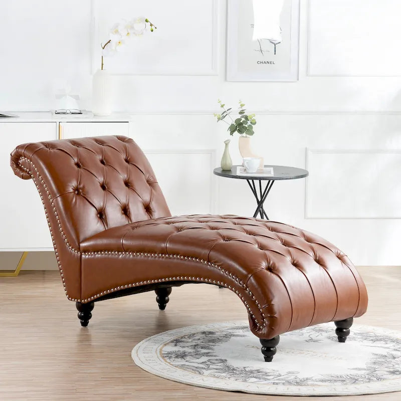 Tufted Armless Chaise Lounge with Birch Legs, Brown