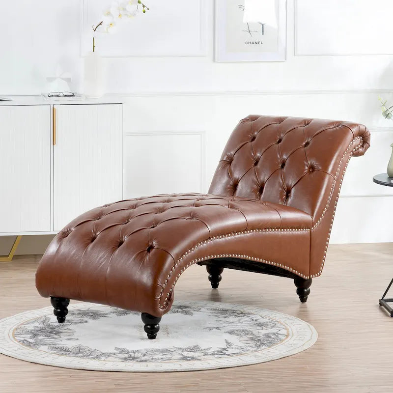 Tufted Armless Chaise Lounge with Birch Legs, Brown