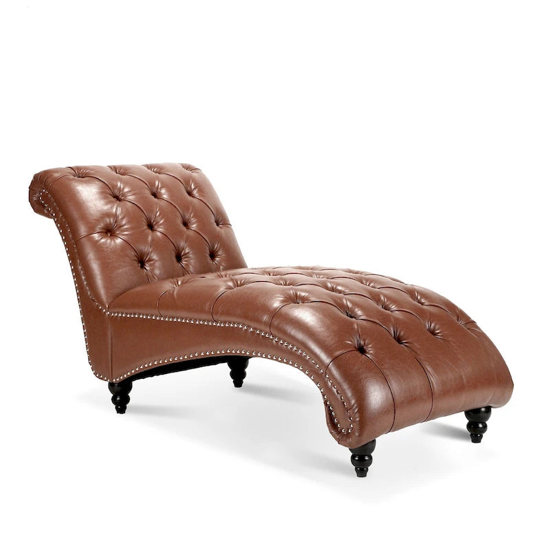 Tufted Armless Chaise Lounge with Birch Legs, Brown
