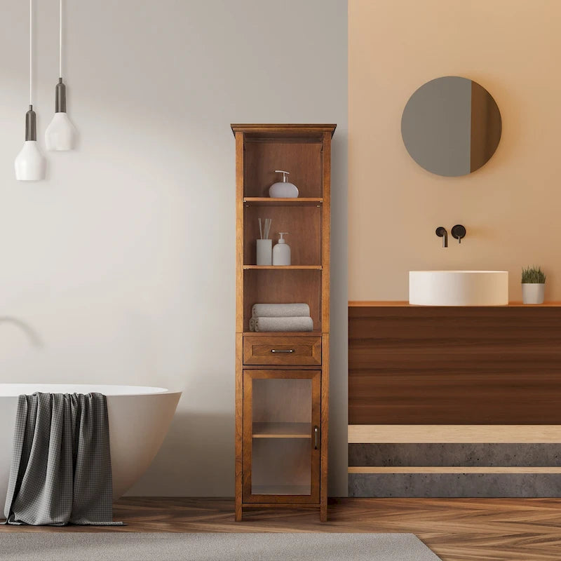 Freestanding Linen Cabinet with Glass Doors and Adjustable Shelf, Oak Finish