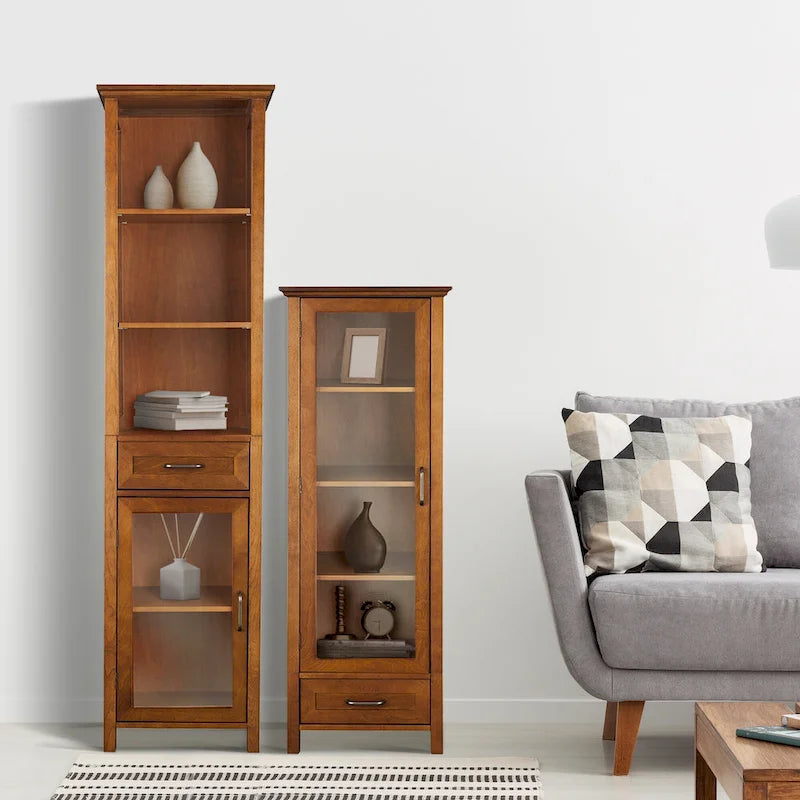 Freestanding Linen Cabinet with Glass Doors and Adjustable Shelf, Oak Finish