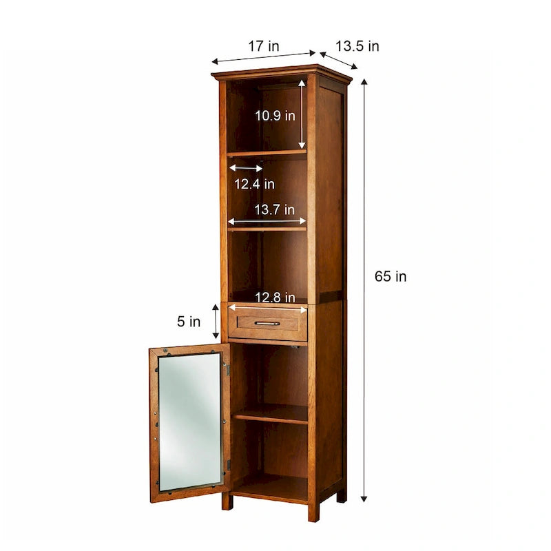 Freestanding Linen Cabinet with Glass Doors and Adjustable Shelf, Oak Finish
